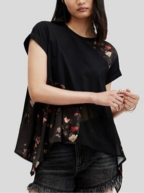 All Saints Black Short Sleeve Floral-Panel Tee